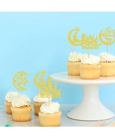 Cyodoos 25Pcs Eid Mubarak Cupcake Toppers Happy Eid Moon Star Ramadan Kareem Cupcake Picks for Eid Islamic Muslim Theme Party Cake Decorations Supplies - Gold Glitter Golden2 - Buy Online on GoSupps.com