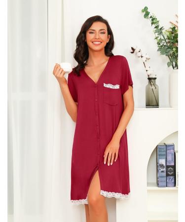 Uniexcosm Maternity Nursing Nightdress - Women's Short Sleeve Nightwear in Soft Wine Red Stripe - Button Down Nightgown for Comfortable Sleep - Maternity Pyjamas Nightshirt - Buy Online on GoSupps.com