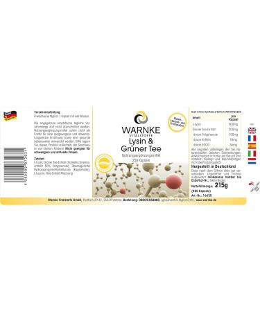 Lysine and Green Tea 500 mg L-Lysine 200 mg - Green Tea Extract - 250 Capsules - Vegetarian - 50% Polyphenols | Warnke Vitalstoffe - Quality from German Pharmacies - Buy Online on GoSupps.com