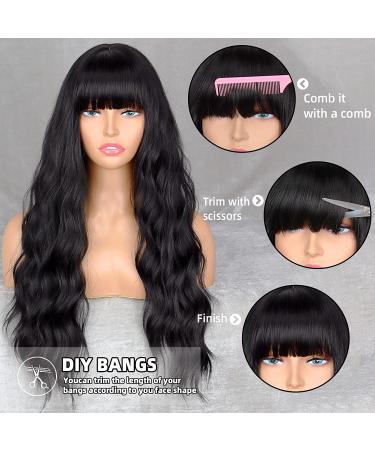 MERISIHAIR 24 Long Black Synthetic Wavy Wig with Bangs for Women - Heat Resistant, Cosplay Selena Style - Buy Online on GoSupps.com