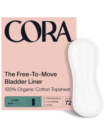 Cora Ultra Thin Organic Bladder Liners | Incontinence & Postpartum Pads for Women | Panty Liners for Bladder Leaks | Breathable Cotton (Long | 72 Count)