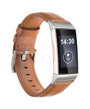 Leather Bands Compatible for Fitbit Charge 4/ Charge 3/ Charge 3 SE Fitness Tracker, Genuine Leather Band Replacement Strap Wristband Accessories for Women Men Brown leather