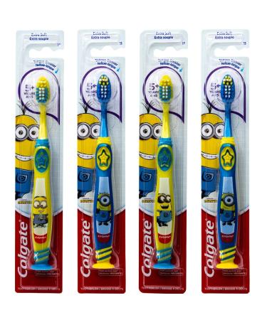 Colgate Minions Toothbrush with Suction Cup Tongue Cleaner 5+ Years Extra Soft (Colors Vary) - Pack of 4