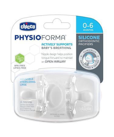 Chicco PhysioForma 100% Soft Silicone Pacifier 0-6m Clear Orthodontic Nipple BPA-Free 2-pack with Sterilizing Case - Buy Online on GoSupps.com