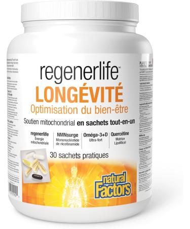 Natural Factors Regenerlife Longevity Wellness Optimization 30 convenient packets All-in-One Daily Packet includes: Mitochondrial Energy NMNSurge Omega-3+D Ultra Strength and Quercetin LiopMicel Matrix Formulated to Support All Aspects of Healthy Aging - Buy Online on GoSupps.com
