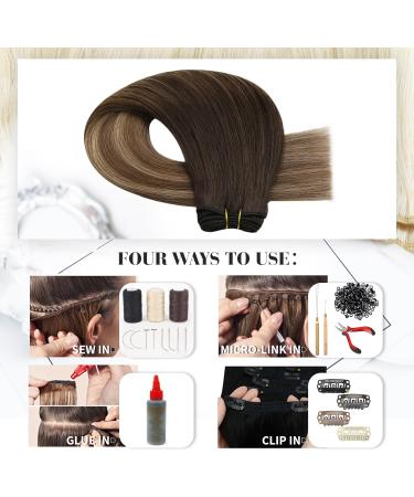 Moresoo Real Human Hair Weft Extensions Dark Brown Ombre to Light Brown with Golden Blonde - 16 Inch Double Weft 100g/Pack #4/10/16 - Buy Online on GoSupps.com