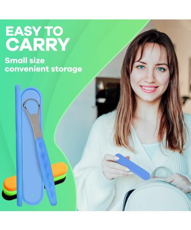 Metal Tongue Scraper for Adults & Kids | Stainless Steel Tongue Cleaner with Case | Reduce Bad Breath & Breathe Fresh - Light Blue - Buy Online on GoSupps.com