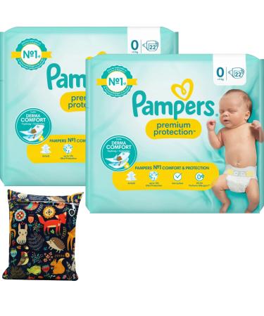 Newborn Nappies Bundle with Pampers Size 0 Premium Protection Premature Diapers and Wishesla Wet Bag Total of 44 Nappies (Online Exclusive)