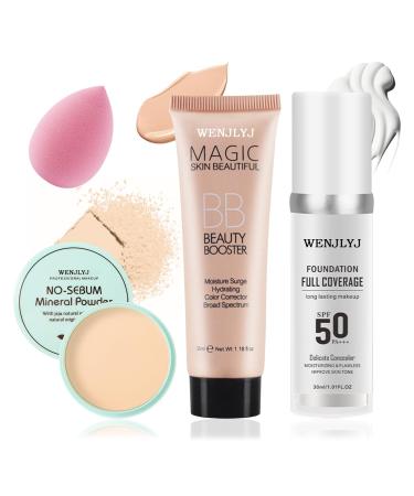 Color Changing Foundation Non-Greasy Loose Setting Powder Long Lasting Moisturizing BB Cream for Women Full Coverage Liquid Foundation Face Primer Base Makeup Set with Makeup Sponge