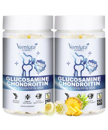 2 Packs Glucosamine Chondroitin Gummies - 3000MG Extra Strength Joint Support Supplement with MSM Flexibility Antioxidant Immune Support Gummy for Adults Men & Women - 120 Cts 60 Count (Pack of 2)