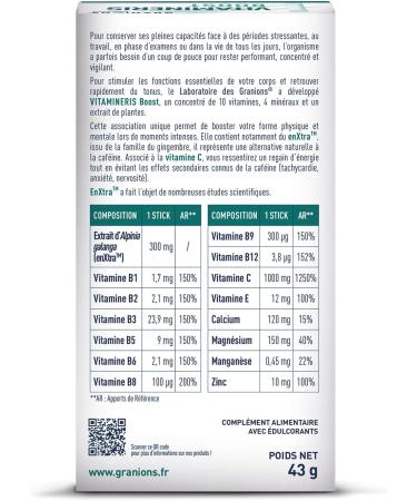 GRANIONS - Vitamineris BOOST - Multivitamins - Vitamin Vitamin C Vitamin B12 - Made in France - 10 vitamins 4 minerals and a plant extract - 10 sticks Waterless - Apple taste - Buy Online on GoSupps.com