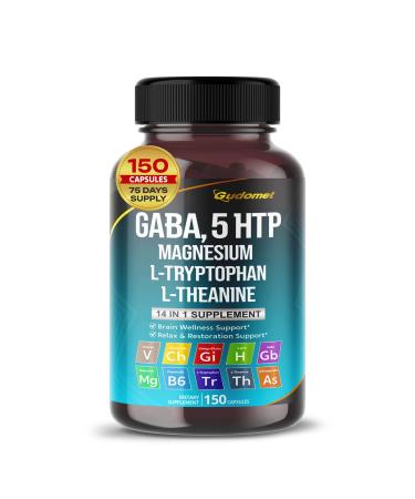 GABA 5-HTP L-Tryptophan L-Theanine Vitamin D3 Vitamin B6 Holy Basil Valerian Chamomile Ginkgo Biloba Ginger -150 Capsules- Made in USA 150 count (pack of 1)