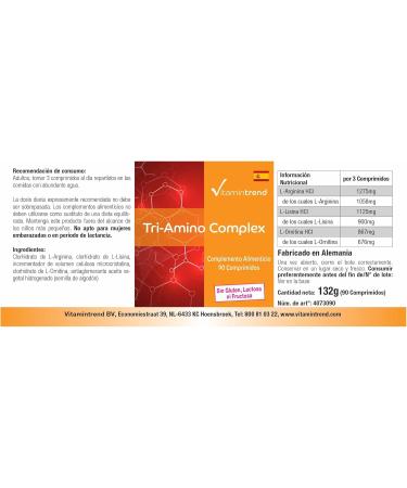 Tri Amino Complex - Amino Acid Complex with Arginine Ornithine and Lysine - Vegan - Magnesium Stearate Free - 90 Tablets | Vitamintrend  - Buy Online on GoSupps.com
