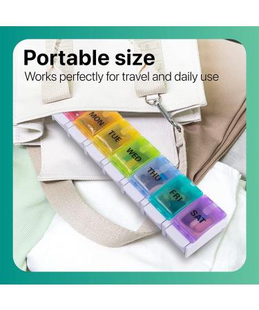 Sukuos Large Weekly Pill Organizer - 7 Day Portable Pill Box for Medications Vitamins & Supplements | Easy Push Button Rainbow Design - Buy Online on GoSupps.com