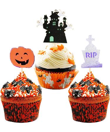 6Pcs Halloween Birthday Cake Topper Halloween Cupcake Topper Haunted House Glitter Spooky RIP Tombstone Pumpkin Bat Cat Spider Skull Cupcake Toppers for Halloween Themed Party Cake Decoration Supplies - Buy Online on GoSupps.com
