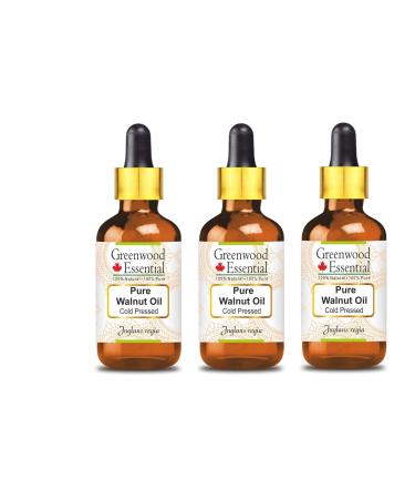 Greenwood essential natural walnut oil (Juglans Regia) with glass dripper natural -purity therapeutic quality cold -pressed (pack of three) 100ml x 3 (10 oz)