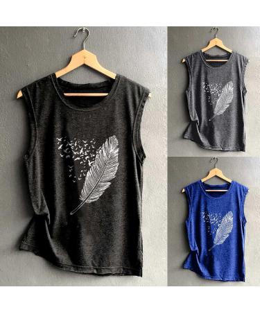 Women's Sleeveless Flying Birds Feather Print Tank Top - Round Neck Loose Pullover Blouse - Buy Online on GoSupps.com