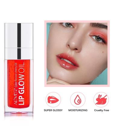 Hydrating Plumping Lip Oil Tinted Gloss & Balm for Dry Lips - Non-Sticky, Long-Lasting Shine with Big Brush Head Glitter Primer Lip Tint (04Cheery) - Buy Online on GoSupps.com