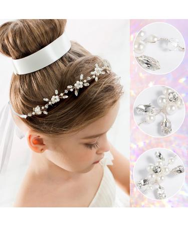 Sibba Flower Girl Headpiece Silver Wedding Headband Pearl Hair Accessory Princess Crystal Head Wear Women White Rhinestones Hairbands Bridal Hair Hoop for Birthday Party First Communion - Buy Online on GoSupps.com