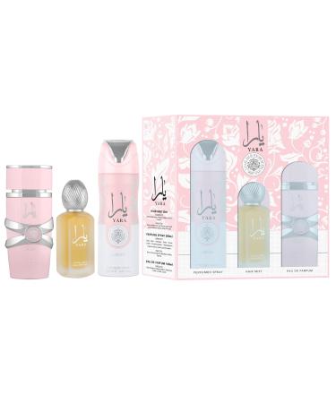 Lattafa Yara for Women 3 Piece Set (3.4 Oz Eau de Parfum Spray + 1.7 Oz Hair Mist + 6.7 Oz Deodorant Spray) 3.87 Fl Oz (Pack of 3)