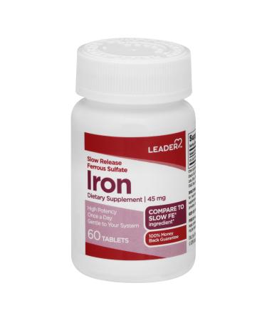 Leader Slow Release Iron 45MG Tablets 60 Ct. Gentle on Stomach Supports Red Blood Cells 60 Iron