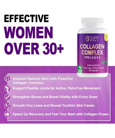 SUPABABY Premium Collagen Complex for Women - 1800mg Multi Collagen Types I II III V X Non-GMO & Sugar Free 90 Capsules (30 Day Supply) - Support Skin Elasticity & Joint Care - Buy Online on GoSupps.com