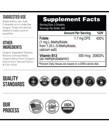 Organic Methyl Folate 1000mcg + Methyl B12 Cofactor | Liquid Sublingual Form - 300 Servings | Berry Flavor | Metabolically Active 5-MTHF | Mood, Cognition, Methylation, Pregnancy - Buy Online on GoSupps.com