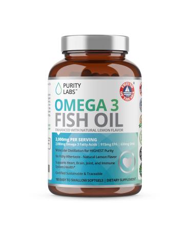 Purity Labs Omega 3 Fish Oil 3000mg - Vegan Supplements for Heart and Brain Health - Immune Support Supplement  - 180 Softgels