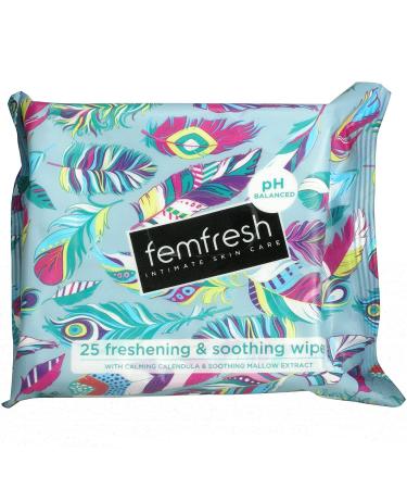 Femfresh Intimate Wipes - Flushable & Biodegradable Disposable Feminine Hygiene Vaginal Cloths w. Calendula & Aloe Vera Extracts - Soothing pH Balanced Hypoallergenic 25 Count (Pack of 1) 25 Count (Pack of 1) Single