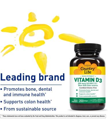 Country Life High Potency Vitamin D3 250 mcg (10,000 IU) - 200 Softgels for Optimal Health - Buy Online on GoSupps.com