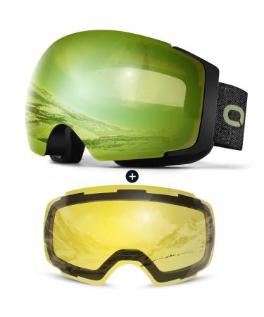 Odoland Magnetic Interchangeable Ski Goggles with 2 Lens, Large Spherical Frameless Snow Snowboard Goggles for Men Women Black Frame Green Lens Vlt 35%