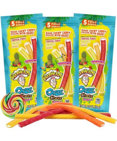 3 x Warheads Tropical Ooze Chewz Ropes Sweet and Sour Chewy Candy with Soft Center Assorted Fruit Flavored Shareable Bagged Candies 70g - Buy Online on GoSupps.com