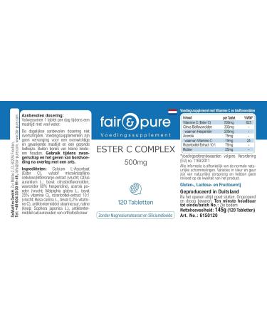 Fair & Pure - Ester C Complex - avec 500mg de Vitamine C 333mg de Bioflavono des & Ac rola - 120 comprim s - Buy Online on GoSupps.com