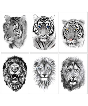 6 Sheets Black Tiger Lion Temporary Tattoo  Arm Chest Leg Tattoo Sticker for Men Women  Wild Beast Animal Designs Body Art on Back Shoulder Waterproof Large Size Tiger & Lion