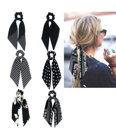 Black Scrunchies Scarf Hair Ribbon Ties Hair Scrunchie with Tails Long Bow Bowknot Hair Scarf Scrunchies Hair Bands Hair Elastic Hair Scrunchy Ponytail Holder for Women Lady Girls (6PCS)