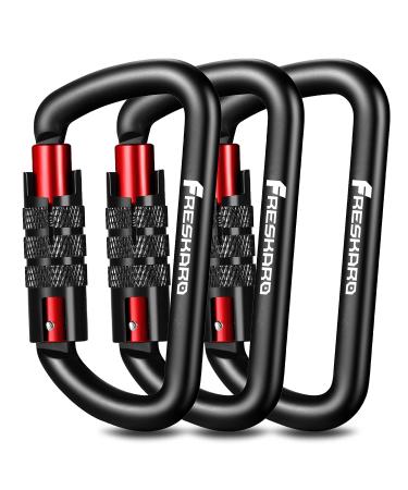3inch Auto Locking Carabiner Clips, Solid D Shape Style, Heavy Duty Keychain Aluminum Carabiner - Holds a Maximum of 2698lbs, Lightweight 1.09oz, for Hammock, Hiking, Dog Leash Colors (Black, Pink) Black-3pcs