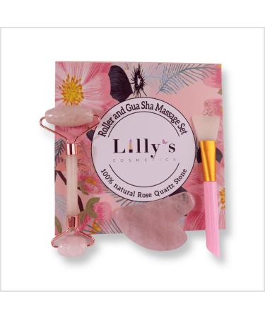 100% Natural Rose Quartz Stone - Face Roller Gua Sha & Brush Set. Beauty tools for Face Eyes Neck & Body. Reduce Wrinkles Puffiness & Dark Circles. Mini-Lift