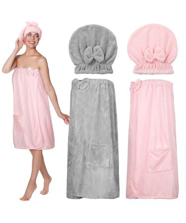 Jiuguva 2 Pcs Women Bath Wraps and 2 Pcs Hair Wrap Towel Adjustable Spa Robe Towels Shower with Pocket Bowtie for Drying Body Hair (Pink  Gray)