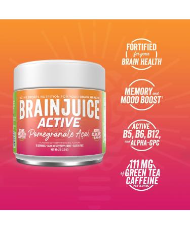 BrainJuice Nootropics Brain Support Supplement Gluten Free Powder for Energy and Focus Pre Workout w/Alpha GPC Vitamin B & Organic Green Tea Extract Caffeine Active Pomegranate Acai 15 Servings - Buy Online on GoSupps.com