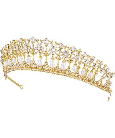 Wedding Tiara - Vofler Pearl Crown & Crystal Rhinestone Headband for Brides Flower Girls & Pageants | Gold Princess Costume Accessory - Buy Online on GoSupps.com