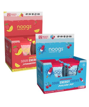 Noogs Strawberry Lemonade + Poolside Pop Caffeinated Sour Energy Chews Bundle - Caffeine Electrolyte Energy Gummies - 24 Total Packs