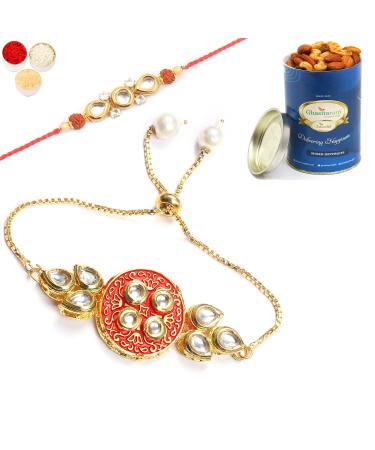 Ghasitaram Gifts Rakhis Online - Rakhi for Brother-T-18 Bhaiya Bhabhi Rakhi with 100 GMS of Dryfruits Mix Can Rakhi Set with 100 gms of Dryfruits Mix Can