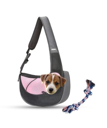 Pet sling carrier bag for small puppy or cat. Hands free dog sling/adjustable strap/strong zipper. Oxford cotton fabric/breathable Mesh. Pets bag for walk/travel/outdoor activities + chewing toy pink