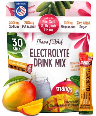 Mama Natural Electrolytes Powder Packets Instant Hydration with natural Sea Salt Potassium & Magnesium Glycinate Sugar Free Organic Mango Flavor 30 Travel Sticks for Postpartum & Pregnancy Mango 1.05 Pound (Pack of 1)