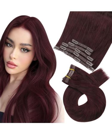 Moresoo Clip in Hair Extensions Wine Red Human Hair Extensions Clip in 18 Inch Burgundy Clip in Human Hair Extensions 5 Pieces/70g #99J 45 cm #99J