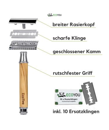 Ecoyou Sustainable Olive Wood Safety Razor for Men & Women | 10 Razor Blades Included | Plastic-Free Zero Waste Wet Shaving | Eco-Friendly Silver & Wood Design - Buy Online on GoSupps.com