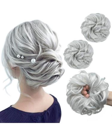 SARLA 2PCS Messy Hair Bun Hair Piece Small Scrunchies Synthetic Bun Hairpieces for Women Girls Updo Hair Extensions (Light Silver Grey) Light Silver Grey-2PCS