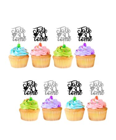 Talk 30 To Me Cupcake Toppers for 30th Birthday Number 30 Sign Cupcake Toppers Black & Silver Glitter Cake Decorations for Cheers to 30 Fabulous Birthday Party Supplies - 24pcs silver&black