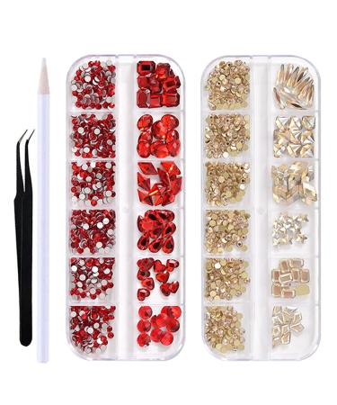 WOKOTO 2 Box Flat Back Champagne And Red Nail Rhinestones And Crystal Set For Acrylic Nails Fake Diamonds Rhinestones Set With Nail Tweezers And Pencils Kit For Girls Women Champagne+Red