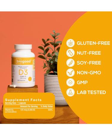 Biogood Vitamin D3 5000iu Daily Supplement - 120 Capsules | Non-GMO, Gluten-Free, Nut-Free, Soy-Free - Buy Online on GoSupps.com